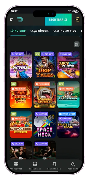 Catálogo de jogos do app Drip Casino